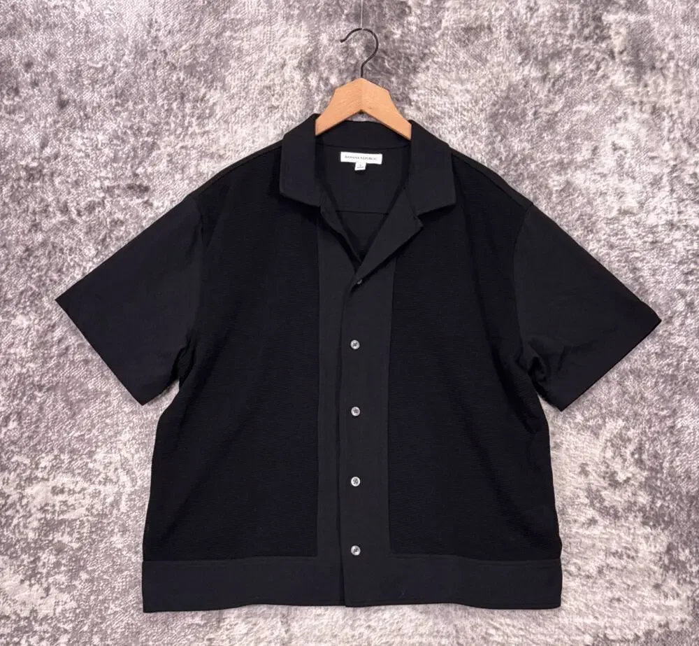 Banana Republic Shirt Large Mens Black Cotton Jacquard Resort Camp Cuban Collar